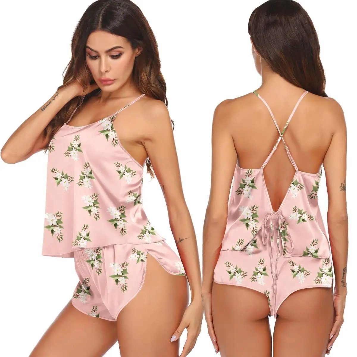 Silk Pajamas Set for Women Satin Backless Lingerie Pjs Cami Top and Shorts Nightwear - Love Salve